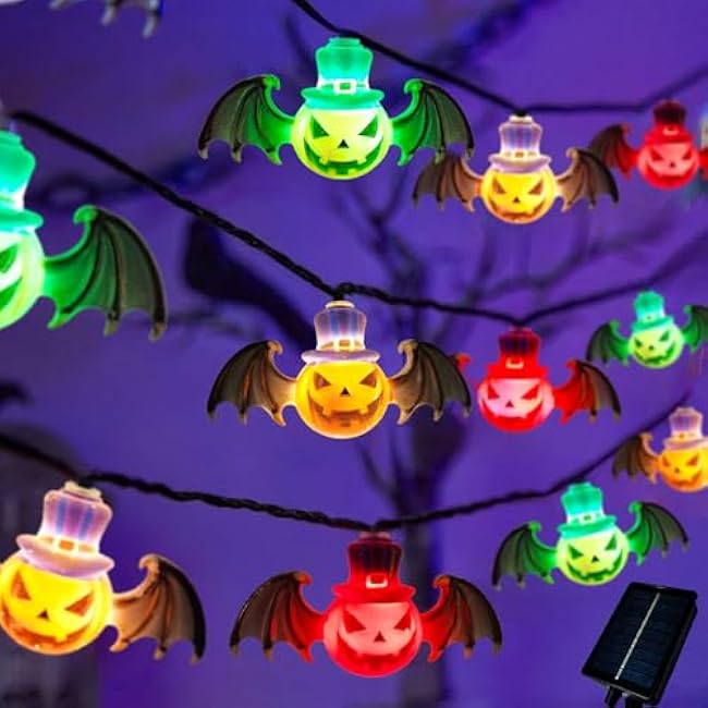 Solar Garden Lights for Halloween Decorations Outdoor, 20LED 18Ft 3D Scary Devil Pumpkin Bat Solar String Lights, Halloween Solar Lights Outside for Home Yard Garden Party Gifts Decor(Red Green White)