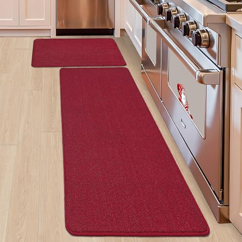 COSY HOMEER 20x30 Inch/20X48 Inch Kitchen Rug Mats Made of 100% Polypropylene Strip TPR Backing 2 Pieces Soft Kitchen Mat Specialized in Anti Slippery and Machine Washable,Red