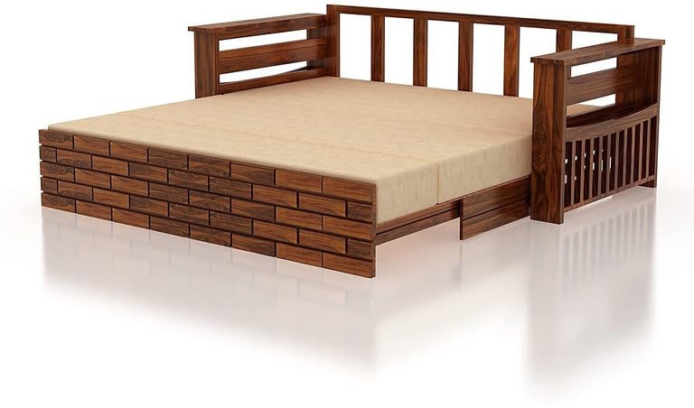 Image of Solid Sheesham Wood Sofa Cum Bed 3 Seater | Wooden Foldable Double Bed for Living Room with Headboard & Storage | Bed Cum Sofa with Mattress for Bedroom Furniture (Honey Finish)