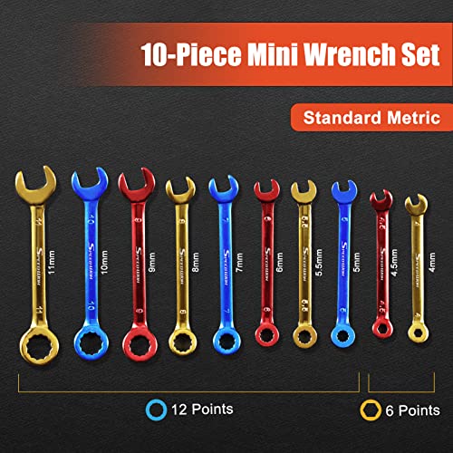 Speedwox 10 Pcs Mini Combination Wrench Set Metric & Sae Color Plated Open And Box End Mini Wrenches Color Coated Midget Wrench Set With Portable Pouch And Large Ring（4-11Mm(5/32-7/16"） #TOP2