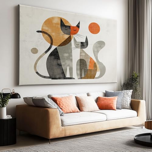 Cuadro grande moderno de la Edad Media, póster abstracto de dos gatos, lienzo impreso para sala de estar, arte de pared, para el hogar, baño, cocina, decorativo, sin marco (120 x 80 cm)