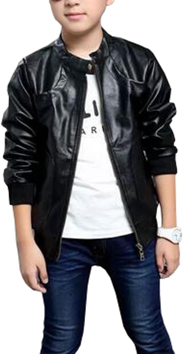 Boys Girls Stand Collar Leather Jackets Outerwear Kids Zipper Motorcycle PU Leather Coats Aged 3-12