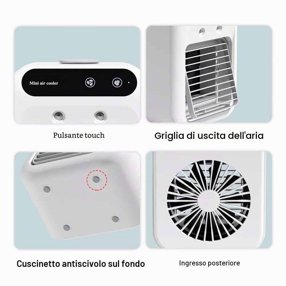 Mini condizionatore d'aria portatile, ricaricabile USB, batteria 1800 mAh, 2 velocità vento, 2 modalità spruzzo, funzionamento silenzioso per casa, ufficio, auto, viaggi