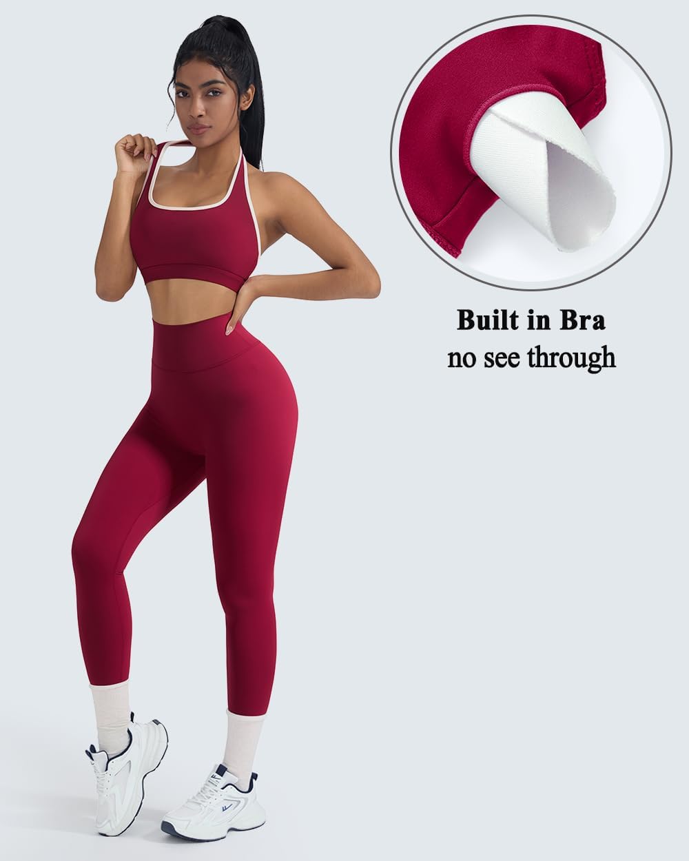 OMKAGI 2 Piece Workout Sets for Women Halter Sports Bras Gym Sets Booty Leggings Outfits - Image 3