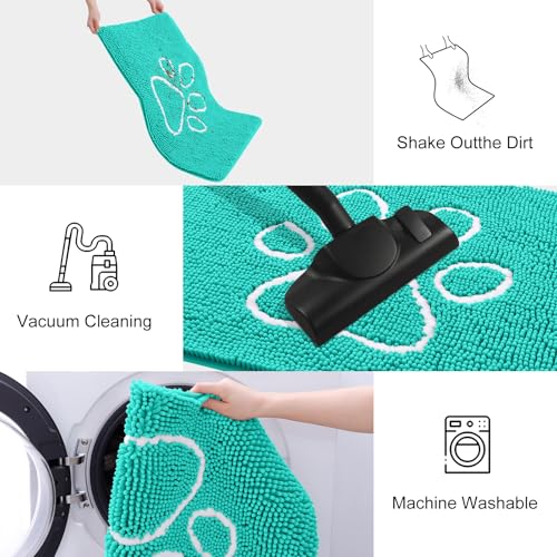 Image of Smiry Dog Door Mat for Muddy Paws, Absorbent Dirt Trapper Non Slip Quick Dry Washable Chenille Mat for Mud Dogs, Entry Rug for Indoor and Outdoor (36x24 Inches, Turquoise and White)