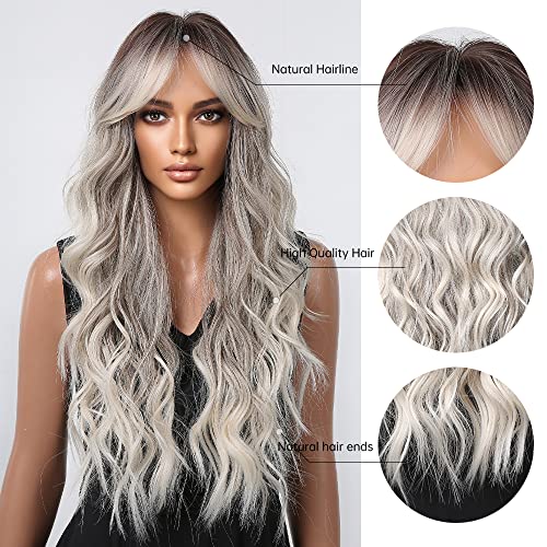 Gray Wigs For Black Women Long Ombre Brown Grey Curly Wig With Air Bangs Dark Roots Heat Resistant Synthetic Wig For Daily Use #TOP1