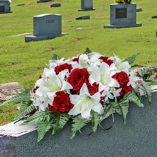 Artificial Headstone Flower Saddles for Graves, Cemetery Memorial Flowers for Outdoor Tombstone Decorations, Lily Rose Gerbera Mixed Saddle Flowers (White Lily, 1 Saddle 2 Bouquets image 1