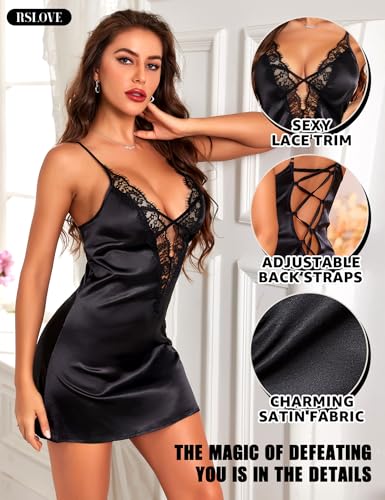 Image of RSLOVE Women's Lingerie Sexy Nightgown - Satin Lace Babydoll Deep V Chemise Full Slips Nightie Sleepwear
