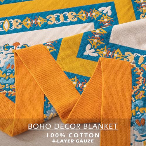 Image of Full 100% Cotton Muslin Boho Blanket for Adults All Seasons 6-Layer Gauze | Reversible Lightweight Breathable Cotton Muslin Throw, Ideal for Sofa Couch Bed, All Seasons, Tapestry, Outdoor Used