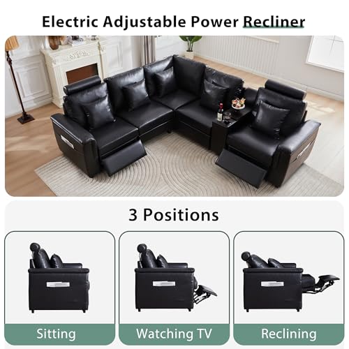 Image of RRARZOE Faux Leather Sectional Sofa with 2 Power Recliner, L Shaped PU Leather Couch with Storage Console Charging Cup Holders, 5 Seater Oversized Modular Reclining Couches for Living Room,Black