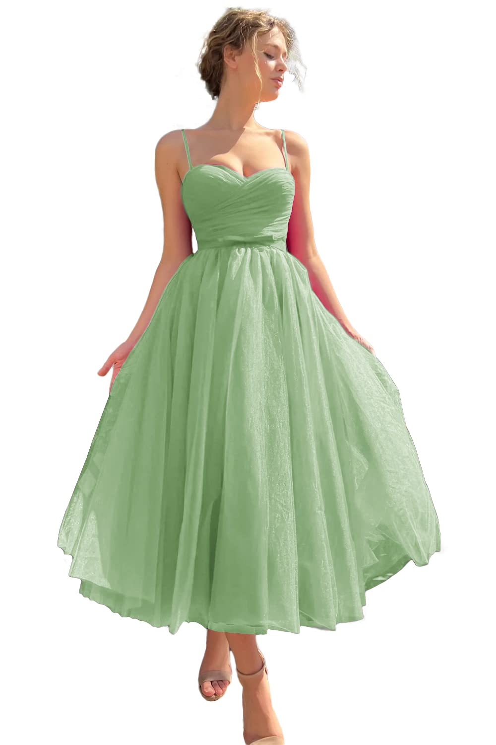 Sevintage Spaghetti Straps Tulle Prom Dress Tea Length Formal Party Evening Dress with Pockets