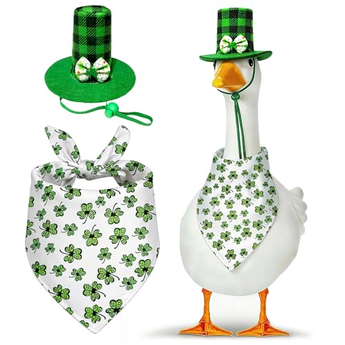 Mizlay St. Patricks Day Porch Goose Outfit 23/17 for & Lawn Geese2 Piece Shamrock Hat & Four-Leaf Clover Scarf Set | Easy-On Green Costume | Weather-Resistant Outdoor Patio Yard Art Decor (White)