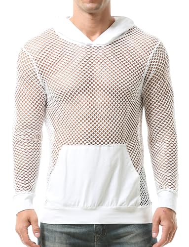 FEOYA Men Fishnet Top Sheer See Through Hoodie Mesh Club Workout Shirts Pullover