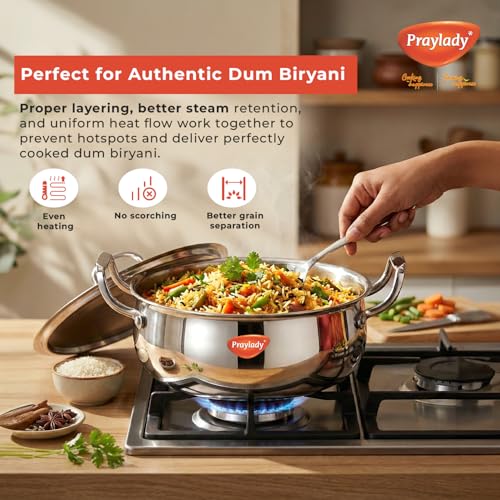 Image of Praylady Triplus+ Pro Triply Biryani Handi | 24 cm | 4.0 L | Dum Biryani Cooking Pot | Patila | Even Heat Distribution | Non Toxic | Less Oil Use | SS Lid | Stock Pot | Induction & Gas Stove Ready