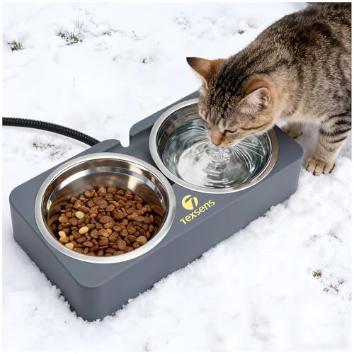 Beheizter Katzennapf für Haustiere im Freien – Doppelter Futternapf aus Edelstahl mit kaufester Schnur – vollständig wasserdichte Winter-Futterstation für Katzen und Hunde – je 575 ml