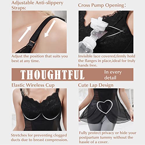 Le Bebe La Mama Hands Free Pumping And Nursing Tank Top | All In One Maternity Camisole For Breastfeeding Black Lace #TOP4