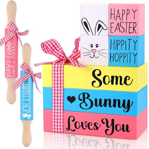 Easter Tiered Tray Decorations 3 Faux Books with Ribbon Rolling Pin 1 Pink 1 Green 4 Tabletop Sign Blocks Farmhouse Handmade Decor for Home Tray Table Bookshelf Mantel Wedding Anniversary