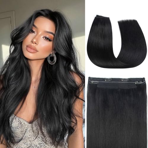 Jet Black Halo Hair Extensions Real Human Hair 20inch 90g Natural Invisible Wire Hair Extensions with 4 Clips and Adjustable Fish Line Straight Thathair Halo Extensions Human Hair for Fine Thin Hair