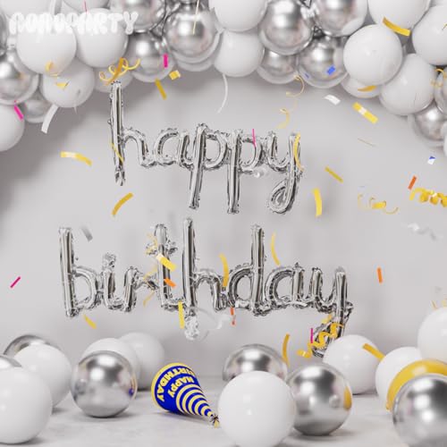 Image of Silver Happy Birthday Balloons Banner 16 Inch Mylar Foil | Happy Birthday Letters Sign for Women Men Adults Birthday Party Decorations