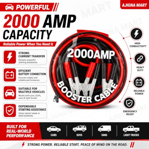 Image of AJIGNA MART 2000 AMP Booster Cable for Car Battery | Premium Heavy Duty Jumper Cable with Alligator Wire Clamps | Jump Start for Dead Batteries | Off-Road Emergency Auto Cable