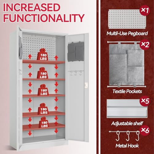 Pataku Garage Storage Cabinet Metal Locking Cabinet with Door Multifunctional with Adjustable Shelves, Pegboard, Hanging Rod, Tool Cabinet for Home, Office, Warehouse Grey