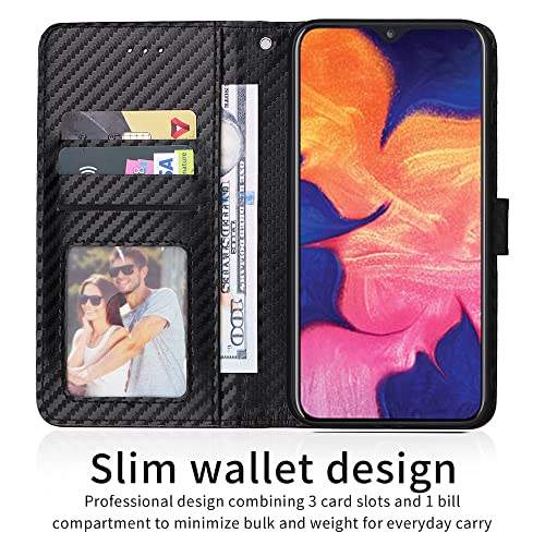 Wwaayssxa Compatible With Samsung Galaxy A10 M10 Carbon Fiber Wallet Case Wrist Strap Lanyard Leather Flip Card Holder Stand Cell Phone Cover For Glaxay A 10 Gaxaly 10A A105M 6.2 Inch Women Men Black #TOP2