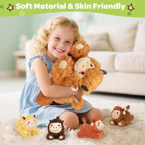 Image of KMUYSL Highland Cow Stuffed Animal for Girls Ages 0 1 2 3 4 5 6 7 8+ Years Old, Mommy Cow Animals Plush Toys with 4 Baby Calves, Soft Animal Stuffed Toys Set, Christmas Birthday Gifts for Kids Girls