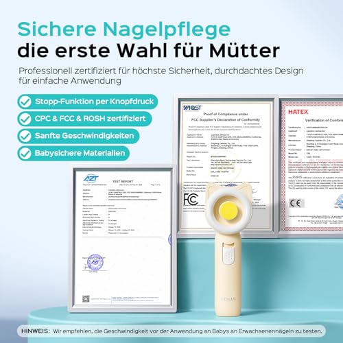 COSLUS C50 Baby Nagelfeile elektrisch mit 360° LED-Licht 16-in-1, Blassgelb – Ansicht 6