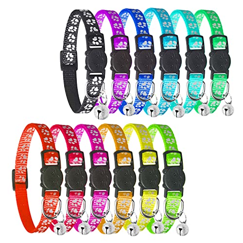 KTL - Set di 12 collari Catarifrangenti Regolabili per Gatti con Campana, Collare Staccabile, in Nylon, Collare per Cani, Regolabile 20-33 cm, Colletto Misto