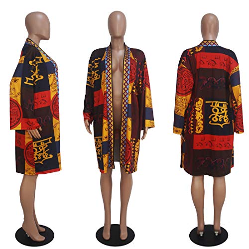Women's Casual African Geometric Patterns Print Long Sleeve Open Front Long Blouse Loose Tops Outwear Jacket Coat Multicolor #TOP2