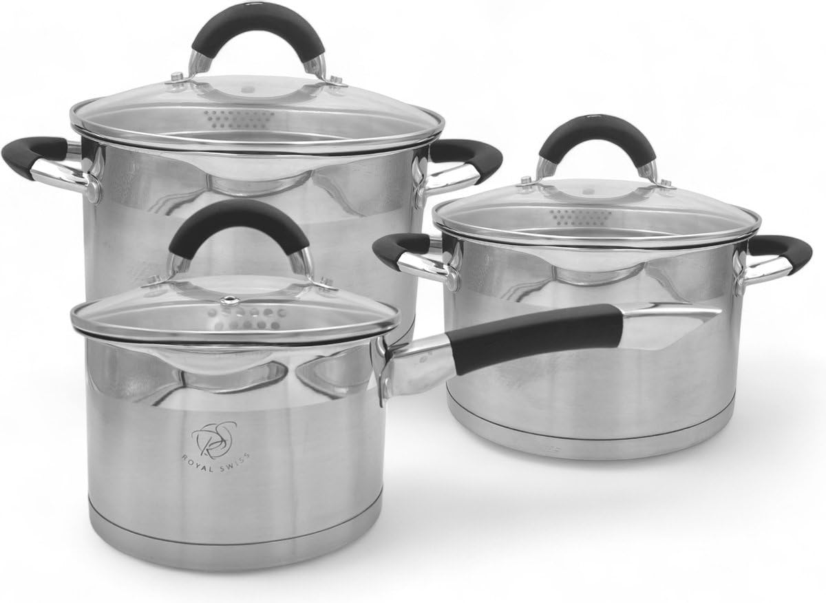 Royal Swiss® 6-teiliges Kochgeschirr-Set, Edelstahl, 5-lagig, mit Glasdeckel, geeignet für alle Herdarten, einschließlich Induktion (Silber) (6)