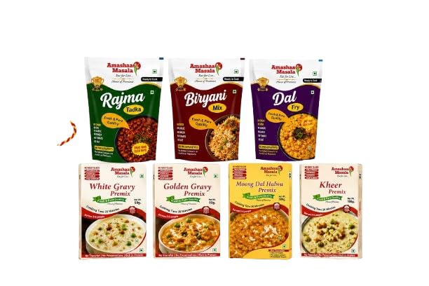 Amashaa Masala Rakhi Combo, 7 Items, No Preservatives | Rajma, Biryani, Dal Mix, White & Golden Gravy, Moong Dal Halwa & Kheer, 100% Natural Ingredients, Ready in Minutes-picture-28