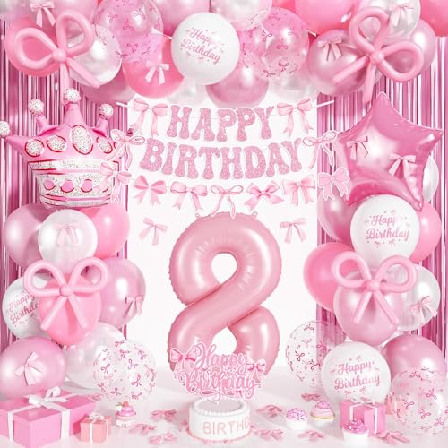 Ballon 8 ans anniversaire fille rose avec nœuds et étoiles