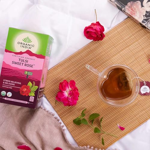 Image of A TATA Product - Organic India Tulsi Sweet Rose - 25 Tea Bags, Stress Relieving, Supports Radiant Skin, Rich in Antioxidants, Made with Tulsi, Chamomile, and Rose Certified Organic (Pack of 2)