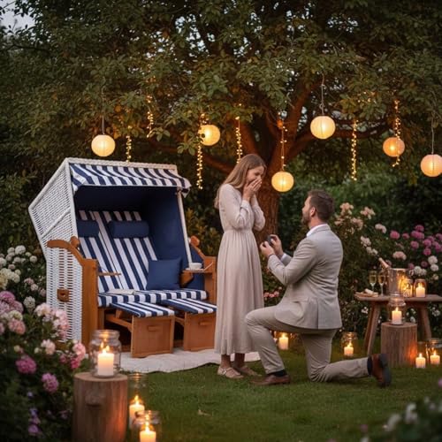 Mr. Deko Strandkorb Ostsee Volllieger Strandstuhl Gartenliege Liegestuhl PE Geflecht Weiß inkl. 4 Kissen – Strandkörbe Hartholz für Garten, Wintergarten und Terrasse (Dessin Blau Weiss) - 2