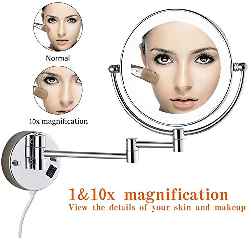 Gecious 10X Wall Mounted Lighted Mirror Led 8 Inches, Wall Makeup Mirror Double Sided 10X Magnifying Mirror Bathroom 12 Extension, 360° Swivel Made Of Brass Glass Polish Chrome #TOP4