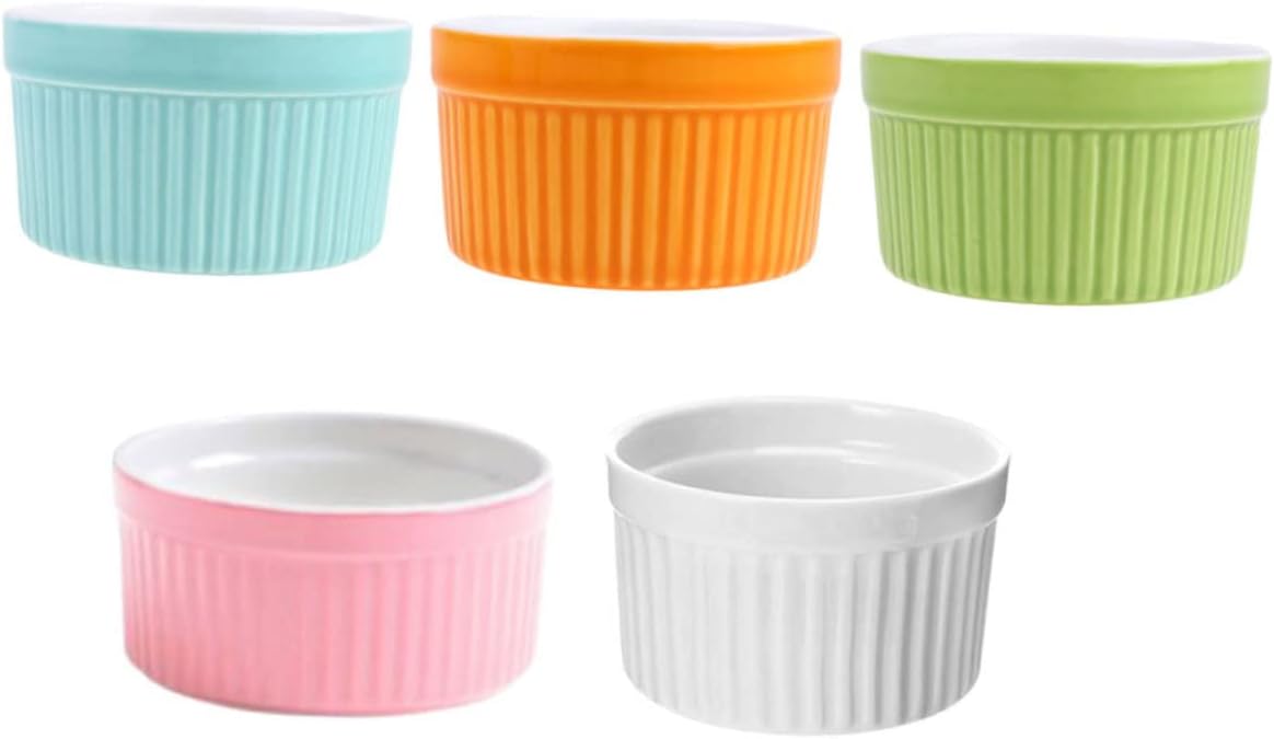 Cabilock 5pcs Ceramic Ramekin Small Baking Bowls for Pudding and Oven Safe Bakeware Assorted Candy Colors for Desserts and Steaming Eggs