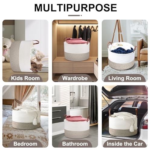 Image of Extra Large Laundry Basket 20 inchx 20 inch x 13 inch Living Room Woven Storage Kids, Cotton Rope Basket with Leather Handle for Blanket Toys Pillow Organization, Kids Nursery Gift, White & Brown