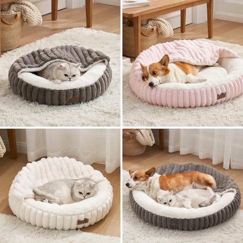 COZY KISS Katzenbett mit Decke 66x66x18cm - Flauschige Große Katzenhöhle - Kissen, Runde mittelgroße Hundebett mit Rutschfester Unterseite, Katzensofa mit Kopfstütze aus Kunstfell, Waschbares, Grau