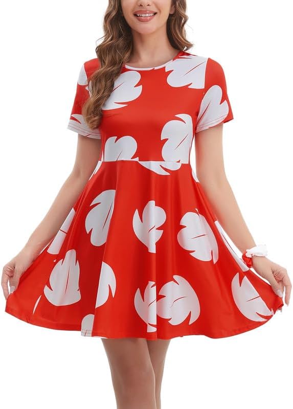 Women's Red Leaf Halloween Costume Short Sleeve Cartoon Dress with Hair Band Large Red and White, Small