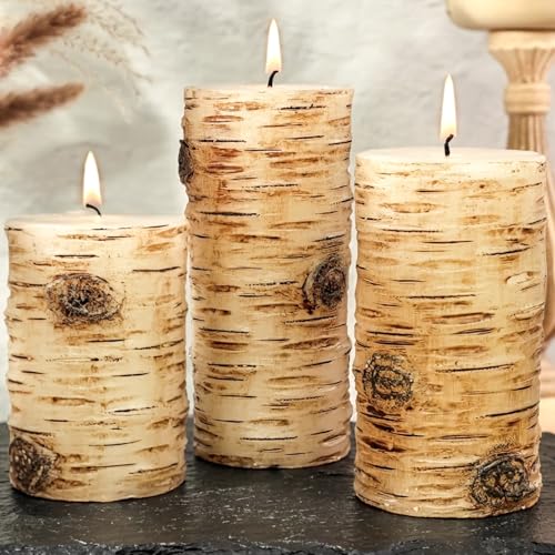 Black Birch Bark Texture Pillar Candles Set - Real Wax 3 Sizes (4", 5", 6" Tall) Rustic Decor Fireplace Candles, Unscented Woodland Style Pillar Candle for Home, Dining Table, Holiday Decor