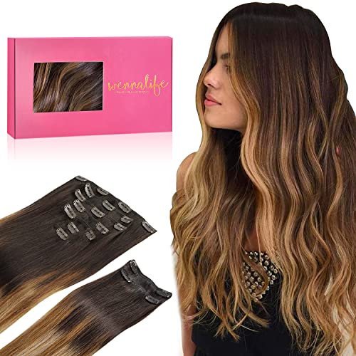 WENNALIFE Clip in Hair Extensions, 150g 22 Inch 9pcs Highlight Dark Brown to Chestnut Brown and Dirty Blonde Human Hair Extensions Thicker Real Human Hair Clip Set Double Weft