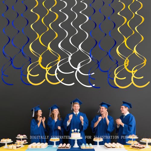 Image of 36 Pcs Royal Blue Yellow White Hanging Swirl Decoration Felt Swirl Streamer Spiral Ceiling Decorations Garland for Graduation Birthday Wedding Retirement Nautical Ahoy Achor Party Supplies