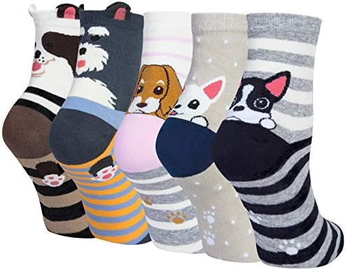 5 Pairs Ladies Socks Winter Cotton Wowens Socks Animal Cat Dog Socks Gift for Wowen, One Size