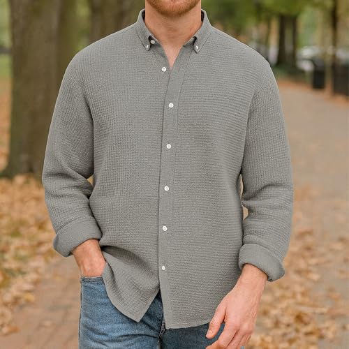 Pacificozy Men's Casual Solid Color Waffle Button Long Sleeve Shirt for Commuting, Leisure3