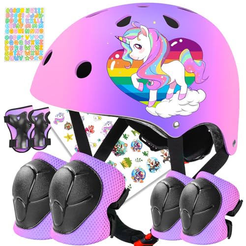 BiutiMama Toddler Kids Bike Helmet Set for Boys Girls Color Gradient Adjustable Skateboard Helmet Protective Gear Set Knee Elbow Wrist Pads for Bike, Roller, Scooter, Cycling, Balance and More Sports