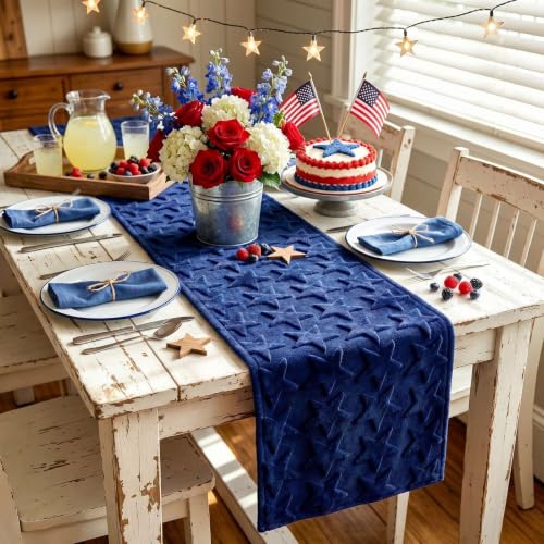 yuboo Blue Stars Patriotic Table Runner - 4th of July Memorial Day Decorations - Fourth of July Decor Accessories for Indoor Outdoor Home Kitchen Party Supplies 70''x13''