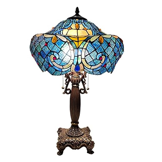 Bieye L10784 Baroque Tiffany Style Stained Glass Table Lamp with 16-inch Wide Lampshade for Living Room Bedroom Home Decoration, 24-inch Tall (Blue)