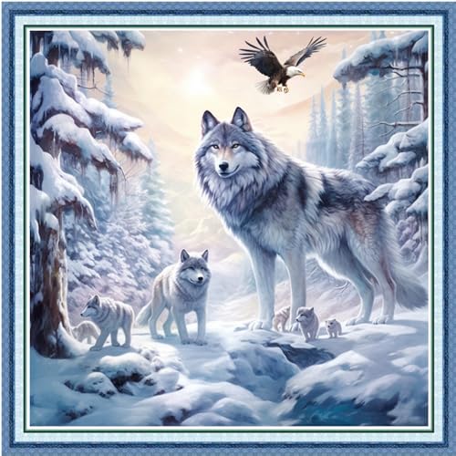 Image of DMCVIVR Stamped Cross Stitch Kits for Beginners Adults Needlepoint Kits for Beginners Embroidery Kits for Adults Crossstitch Kit for Beginners 11CT-Snow Wolf 18x18 inchs