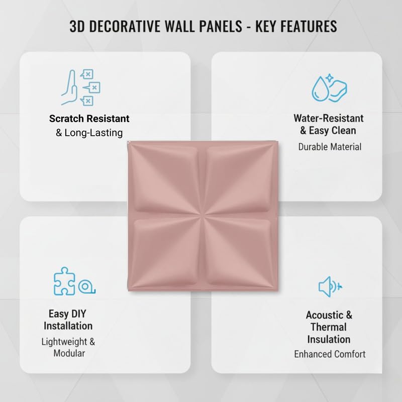 Image of Kayra Decor Wall Panels for Bedroom - PVC Bloom Design Blush Pink Color 19.7 inch x 19.7 inch (Pack of 12) - Covers 32.34 Sq. Ft.
